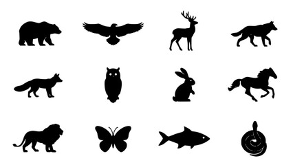 Fototapeta premium Animals in Various Silhouettes Arranged in a Grid Pattern Featuring Bear, Eagle, Deer with Wolf and Fox Elements for Owl, Rabbit