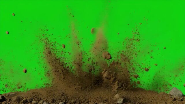 Explosion sequence with debris and dust against a green screen background