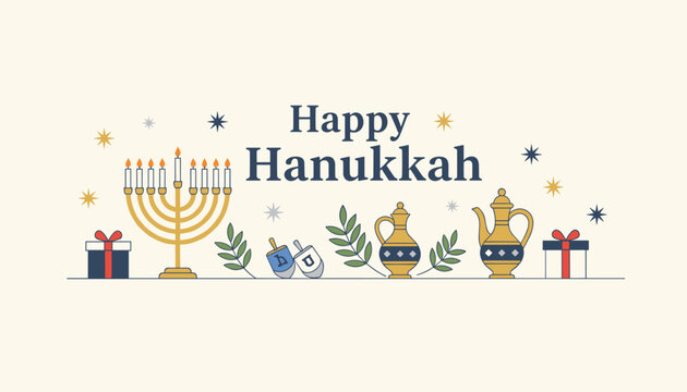 Happy Hanukkah greeting banner vector illustration with traditional symbols like menorah, dreidel, and gifts on light cream.