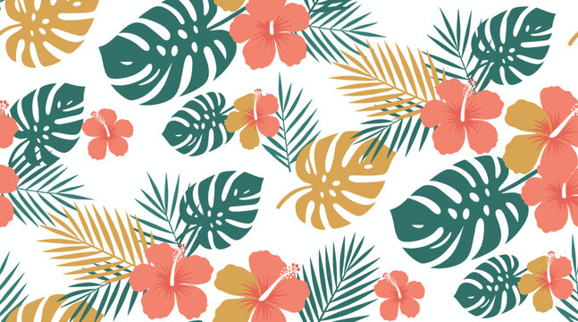 Vibrant tropical pattern with hibiscus flowers and monstera leaves for summer textile print.