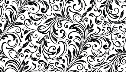 Fototapeta premium Vintage floral seamless pattern with decorative swirls and leaves.