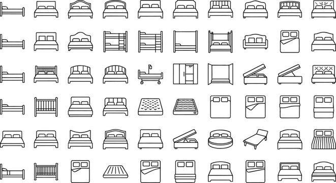 Large set of line art vector bed icons featuring bunk beds cribs mattresses and bedroom furniture