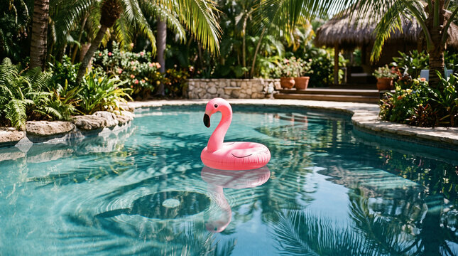 pink flamingo inflatable pool float drifting in a luxury tropical swimming pool