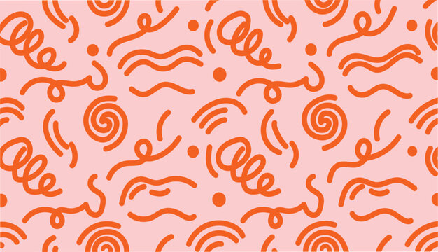 Abstract seamless pattern with various doodles in orange on a pink background for energetic and playful designs.