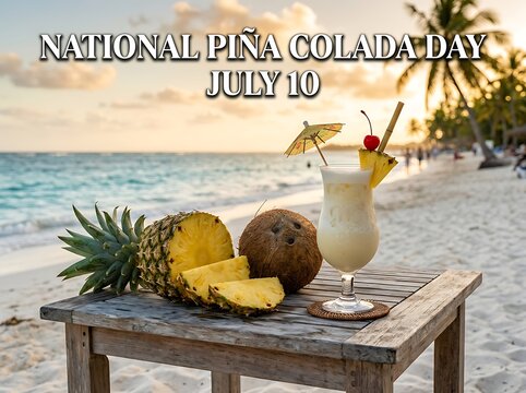 Tropical beach scene with pia colada cocktail and fresh pineapple for summer celebration