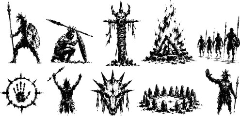 Fototapeta premium Primitive tribal warriors and ritual symbols hand drawn ink silhouettes of totems, fire, dragon and shamanic circle