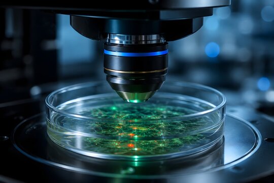 Confocal Microscope Objective Above Transparent Culture Dish for Precision Cellular Imaging and Genetic Research Applications