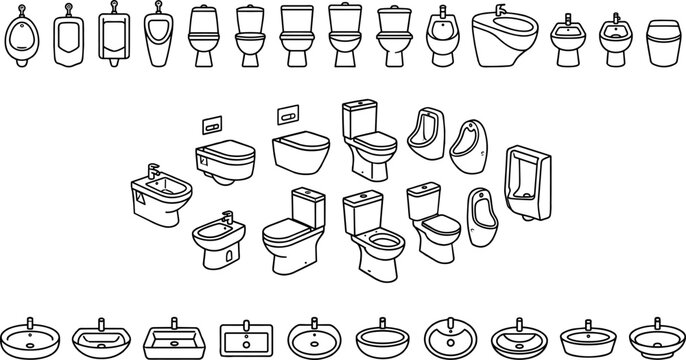 Outline vector collection of bathroom plumbing fixtures including toilets urinals bidets and washbasins in various views