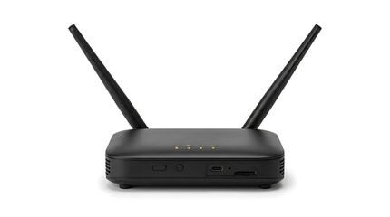 Fototapeta premium Black wireless router with dual antennas and LED indicators isolated on a clean white background for modern internet connectivity.