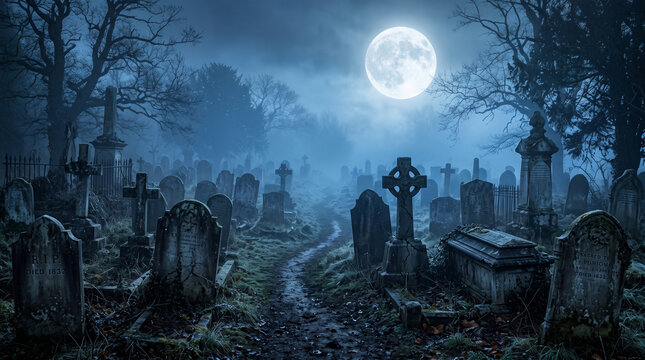 scary foggy graveyard with old tombstones and full moon at night background