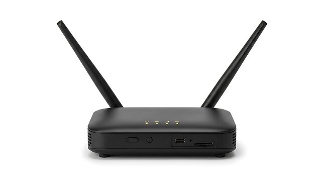 Black wireless router with dual antennas and LED indicators isolated on a clean white background for modern internet connectivity.