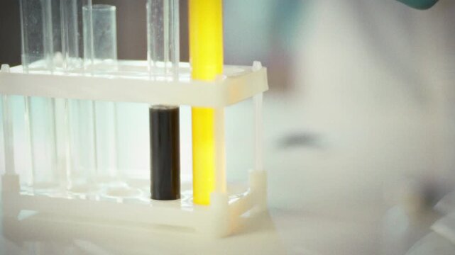 A researcher in a white coat and protective gloves carefully pours liquid into a test tube in a laboratory, conducting a precise experiment that highlights meticulous technique and safety protocols