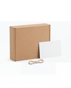 Shipping box presented with a blank card and twine cord offers a customizable branding template for small business owners and artisans.