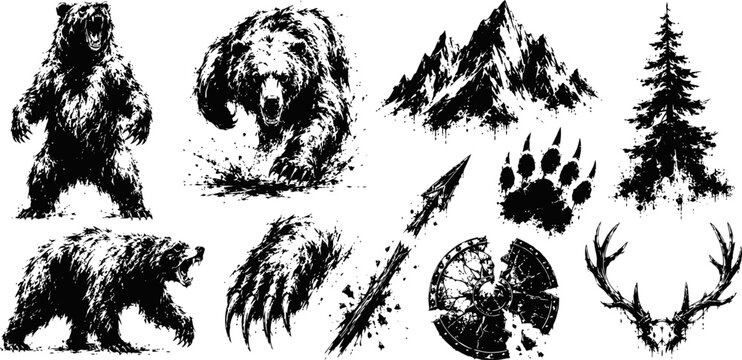 Roaring bears, mountain landscape and wild nature symbols grunge tattoo animal claws, wood, spear, antlers