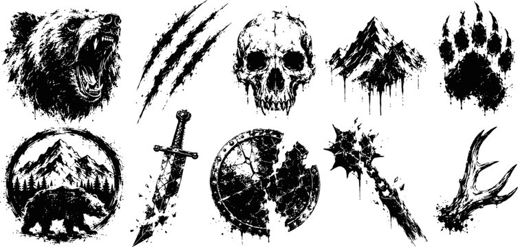 Savage bear skull mountain symbols set gothic grunge claw marks, weapon icons, distressed black ink illustration