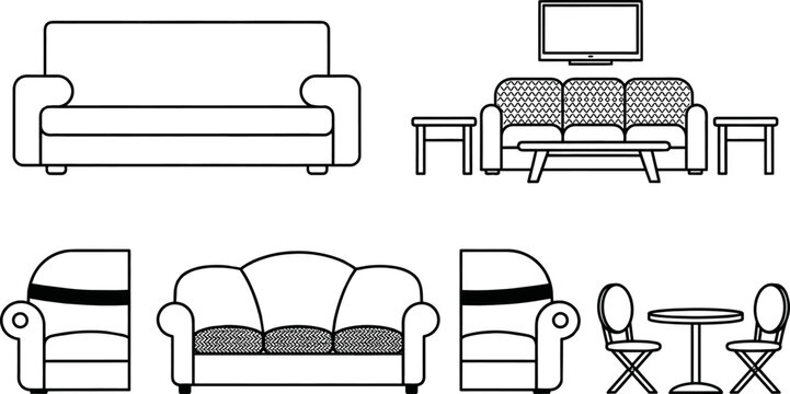 Set of black and white line art living room furniture featuring sofas armchairs tables and television
