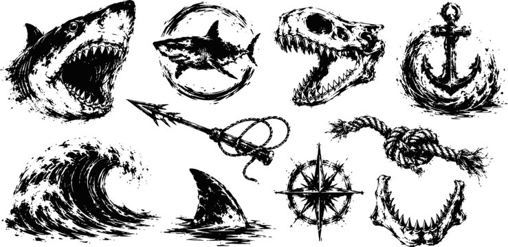 Fierce shark nautical tattoo elements set with jaws anchor rope wave compass and harpoon illustration