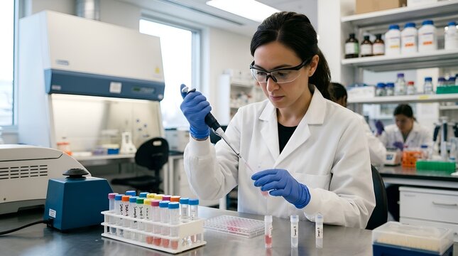 Female scientist conducts research in a modern laboratory with pipetting.