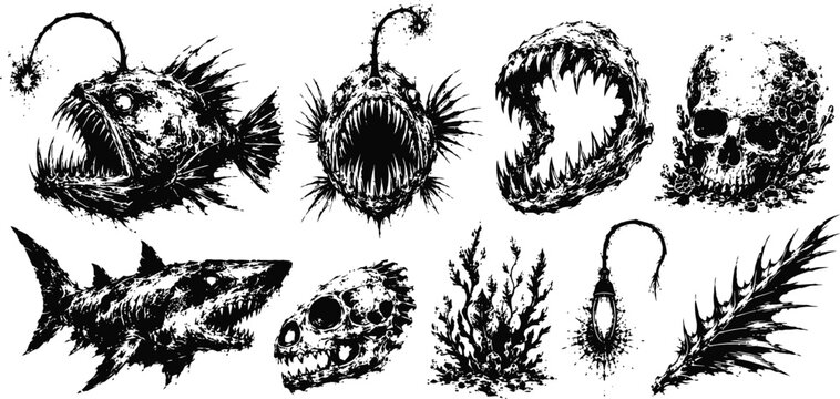 Rotting deep sea creatures and skulls horror anglerfish shark bones and underwater decay illustration