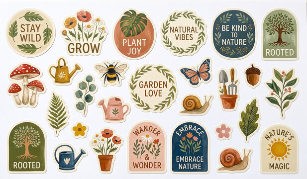 Set of colorful nature and gardening stickers with inspirational quotes