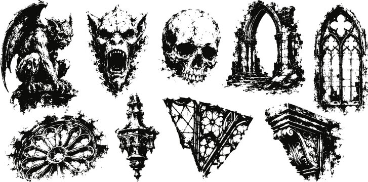 Gothic gargoyle skull and cathedral windows grunge horror stained glass arches and stone architectural elements