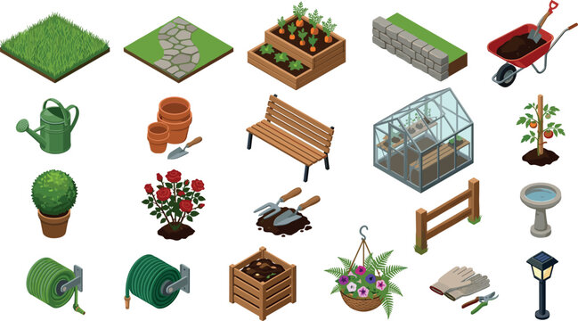 Isometric Gardening and Backyard Landscaping Element Icon Set Featuring Greenhouse, Wheelbarrow, Raised Beds, Tools, and Plants for Vector Design Layouts