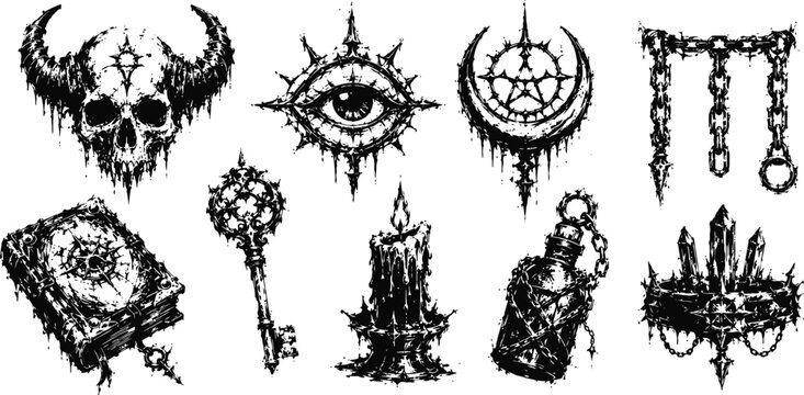 Occult gothic icons set with demonic skull, all seeing eye, chained pentagram and cursed ritual objects