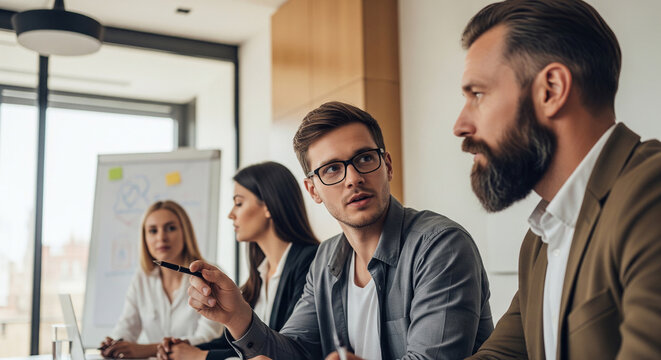 Businesswoman presenting on a flipchart while colleagues listen attentively, capturing knowledge sharing and active participation