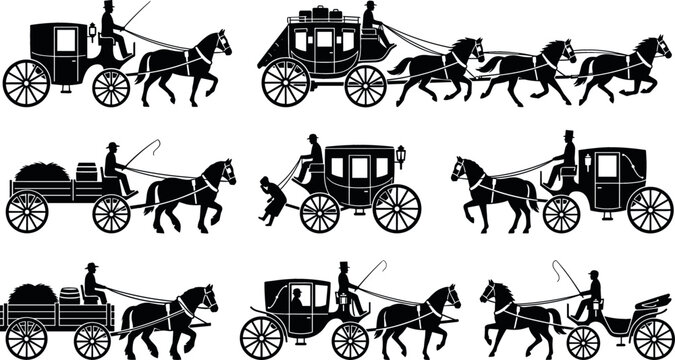 Vintage horse drawn carriage silhouette vector set with historical stagecoach wagons drivers and retro equestrian transportation graphics isolated on white background