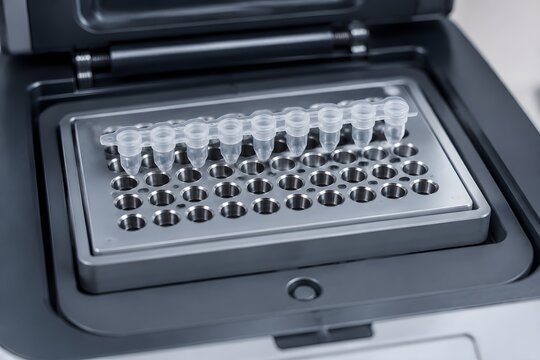 PCR Tube Strip Inside Open Thermal Cycler Block With Translucent Vessels and Polished Metal Wells