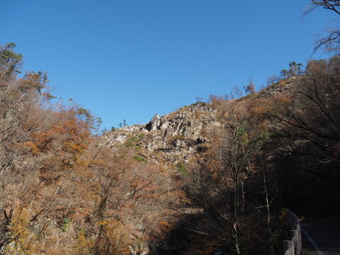 A natural autumn landscape photographed in late November at Shosenkyo Gorge in Kofu City, Yamanashi Prefecture, Japan.