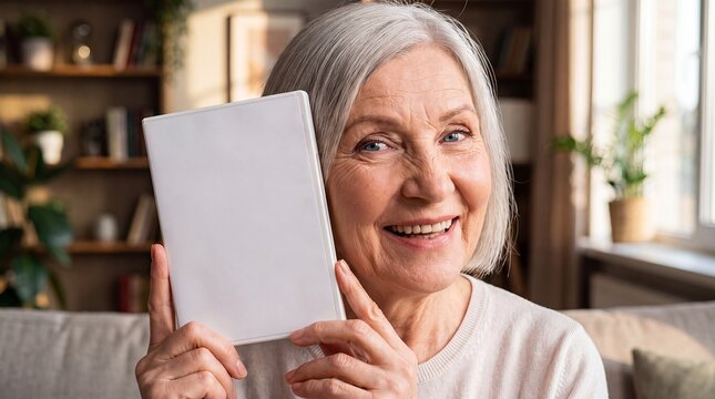 dvd bluray case mockup blank cover copyspace packaging senior woman smiling elderly woman with gray hair presents a white case at home for entertainment promotion media branding and cover design