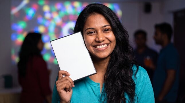 dvd bluray case mockup blank cover copyspace packaging woman party smiling South Asian woman presents a white case at a colorful event for entertainment promotion festival branding and cover design