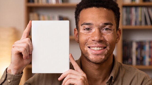 dvd bluray case mockup blank cover copyspace packaging vitiligo man Smiling Black man with vitiligo presents an upright white case beside his face at home for inclusive media branding and cover design