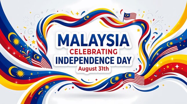 Malaysia independence day waving flag ribbon frame in flat vector style for national celebration poster background concept with copy space and festive elements for holiday anniversary marketing