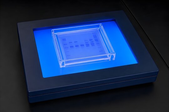 Blue Light Transilluminator With Glowing Panel and Transparent Gel Tray on Clean Black Laboratory Surface