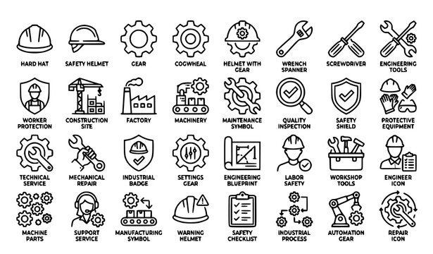 Minimal safety helmet and gear line icon collection featuring construction engineering and maintenance symbols on white background