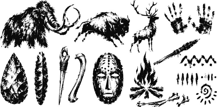 Primitive cave art elements set with animals tools fire symbols handprints tribal mask illustration