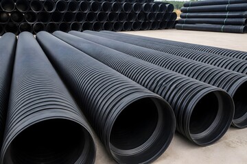 Obraz premium Corrugated Drainage Pipes Arranged Across Construction Yard Featuring Ribbed Surfaces and Strong Linear Composition Design
