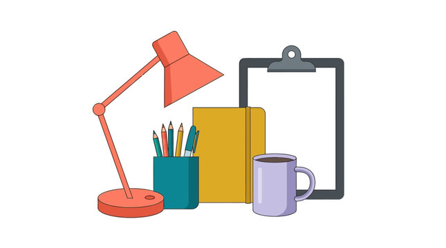 Modern office desk supplies vector, workspace stationery with red lamp and yellow notebook, creative work environment tools on white background