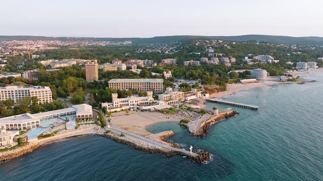 Saints Constantine and Elena Bulgaria aerial view drone shot sunset, Bulgarian Black Sea coast resort hotels, sand beach coastline summer travel destination background