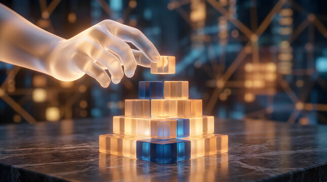 Hand assembling glowing digital cube grid, building scalable it infrastructure concept