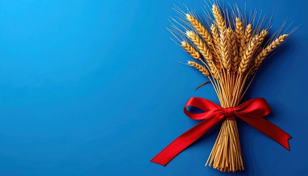 Golden wheat bundle tied with red silk ribbon on vibrant blue background with ample copy space for design and text.