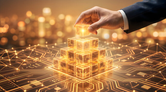 Corporate hand building scalable it infrastructure, digital cube grid development concept