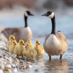Obraz premium An adult goose standing in shallow water on a rocky shoreline with a group of small yellow goslings gathered nearby on a sunny day.