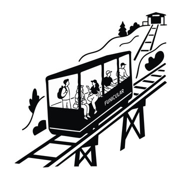 Young travelers on funicular railway. Minimalist line art vector illustration of tram on elevated track. Travel and transit concept isolated