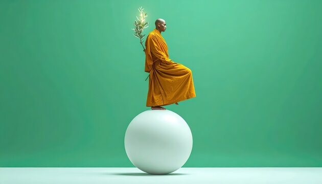 Buddhist monk in orange robes balancing on a large white sphere with a glowing branch against a green background with ample copy space for text