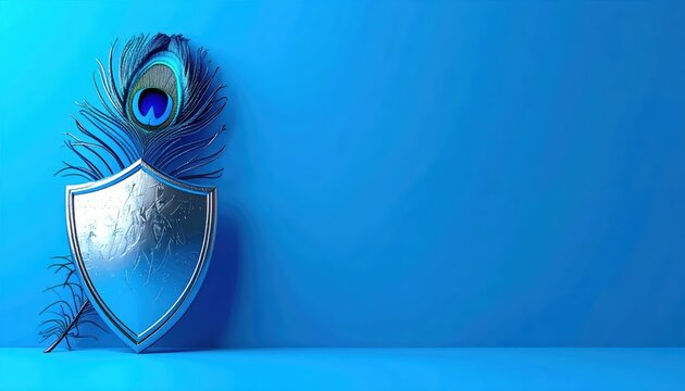 Metallic silver shield with a vibrant peacock feather against a solid blue background with ample copy space for text.