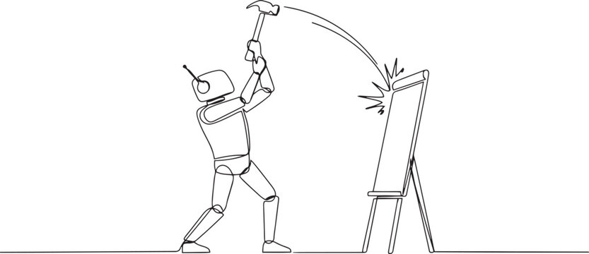 Single one line drawing smart robot preparing to hit big flip chart with hammer. Rampage. Destroy business reports that are not as desired. one line art icon drawing