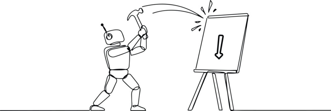Single one line drawing smart robot preparing to hit big flip chart with hammer. Rampage. Destroy business reports that are not as desired. one line art icon drawing